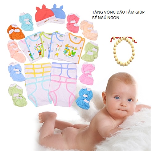 [ TẶNG VÒNG DÂU TẰM]  combo 37 món Quần Áo sơ sinh 100% cotton cho bé từ 0 đến 6 tháng tuổi( 5 áo cotton + 10 tã dán + 2 nón + 10 cặp bao tay + 10 cặp bao chân)