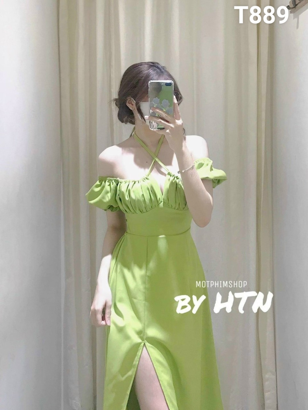 Đầm cổ yếm tay cột nơ có mút lụa nhung T889