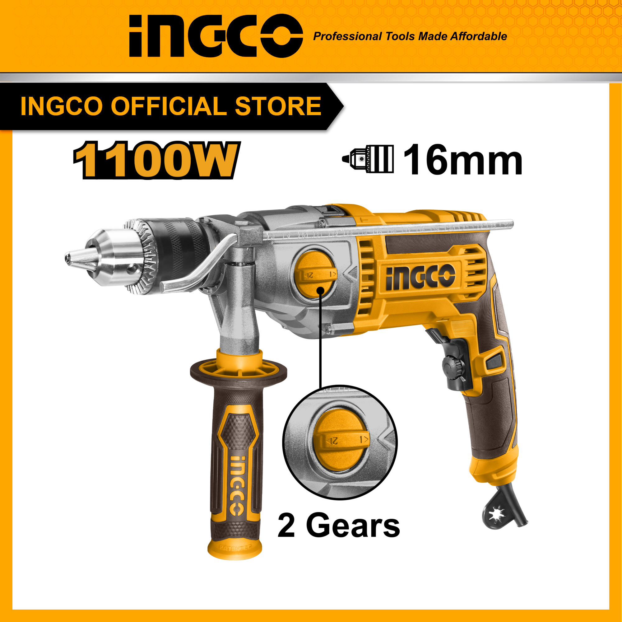 Ingco máy khoan búa 1100w, đầu kẹp 16mm, vỏ nhôm id211008