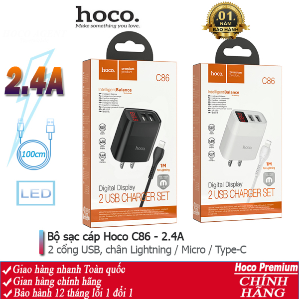 Bộ sạc cáp 2.4A Hoco C86 gồm 2 cổng USB màn LED, chân Lightning, Micro, Type-C dây dài 1m - Chính hãng