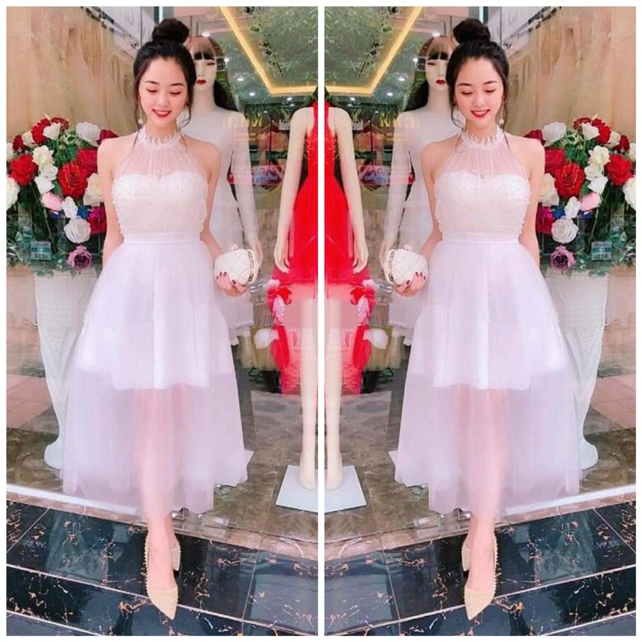 Đầm Xòe Ren Ngọc Trai Phối Lưới