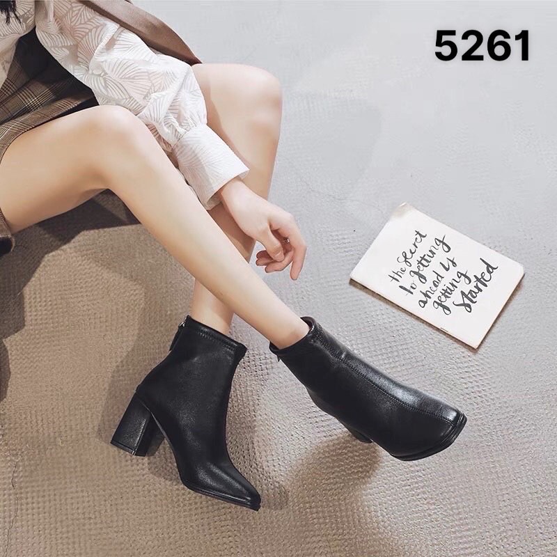 Siêu rẻ- Boots nữ cao gót cổ lửng da lì mũi vuông gót vuông 6cmcos lót lông- G1083
