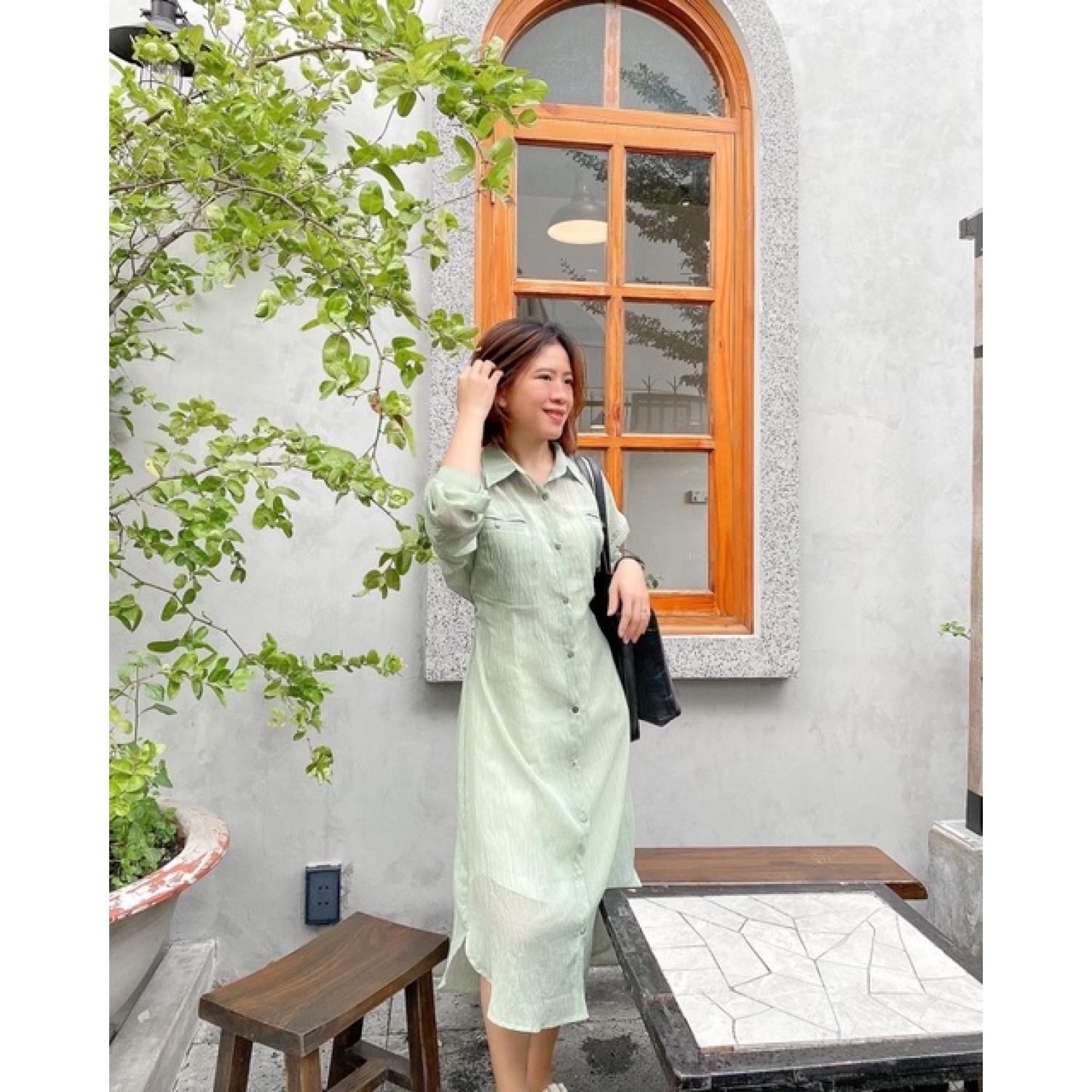 Đầm sơ mi tay dài tơ xước