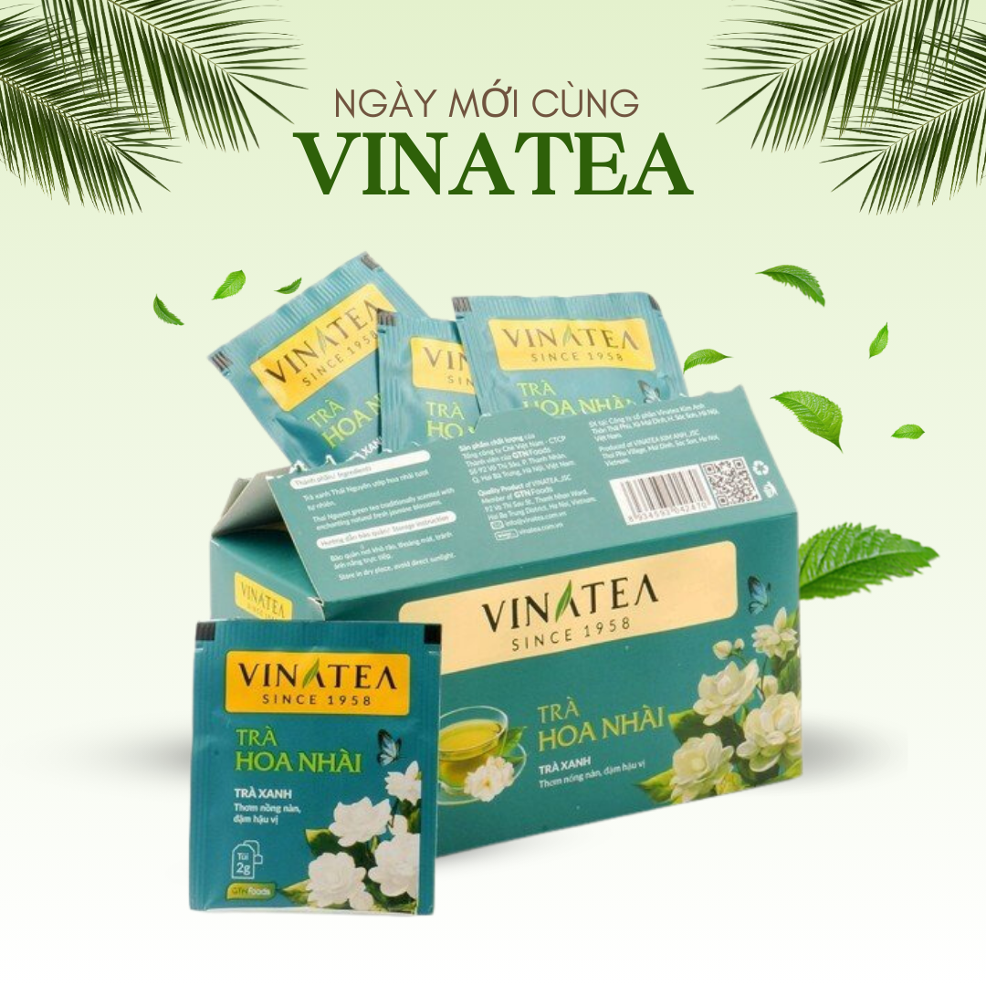Trà Nhài khối lượng 50g, trà túi lọc hộp 25 túi ướp nhài tự nhiên vị thanh mát dịu ngọt, trà Vinatea
