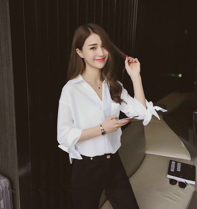 Áo sơ mi kiểu nữ cột nơ tay