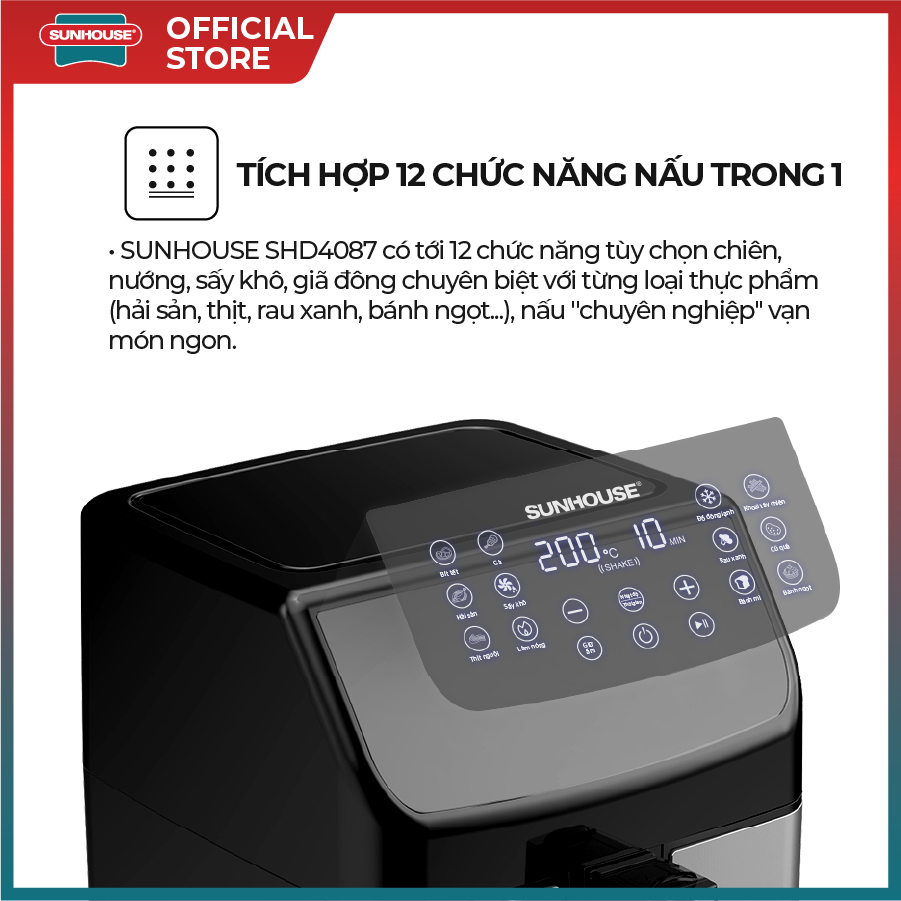 Nồi chiên không dầu 6L SUNHOUSE SHD4087 - Điều khiển cảm ứng - 12 Chức năng - Công suất 1700W - Bảo hành 12 tháng - Hàng Chính Hãng