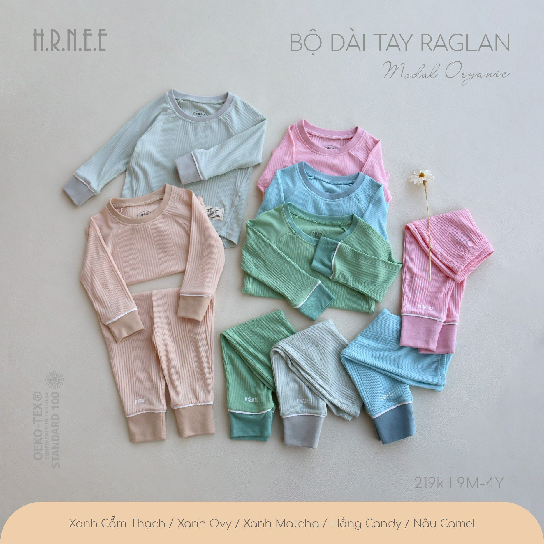 Bộ dài tay Modal Organic Hrnee cho bé 9m - 4Y