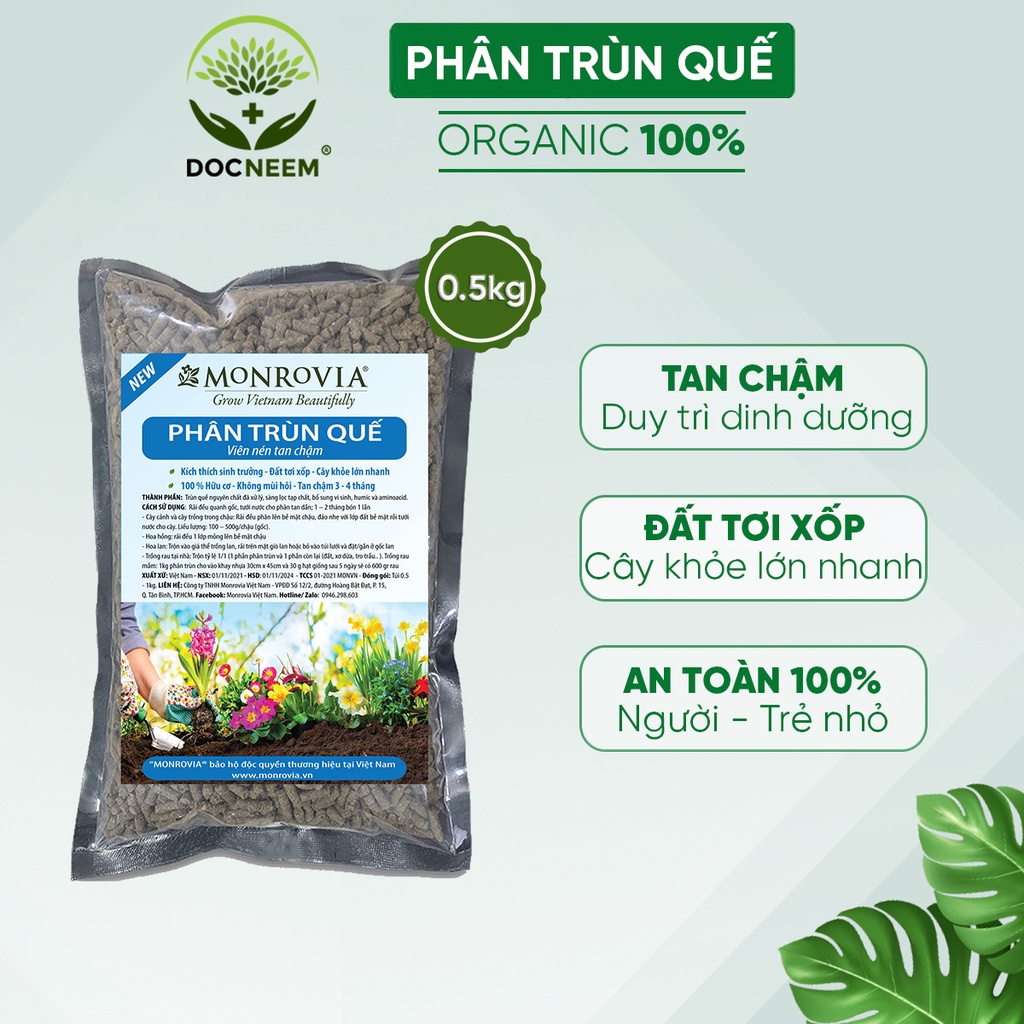 Phân trùn quế nguyên chất MONROVIA, tan chậm hữu cơ bón cho hoa hồng, lan, cây cảnh, rau củ quả