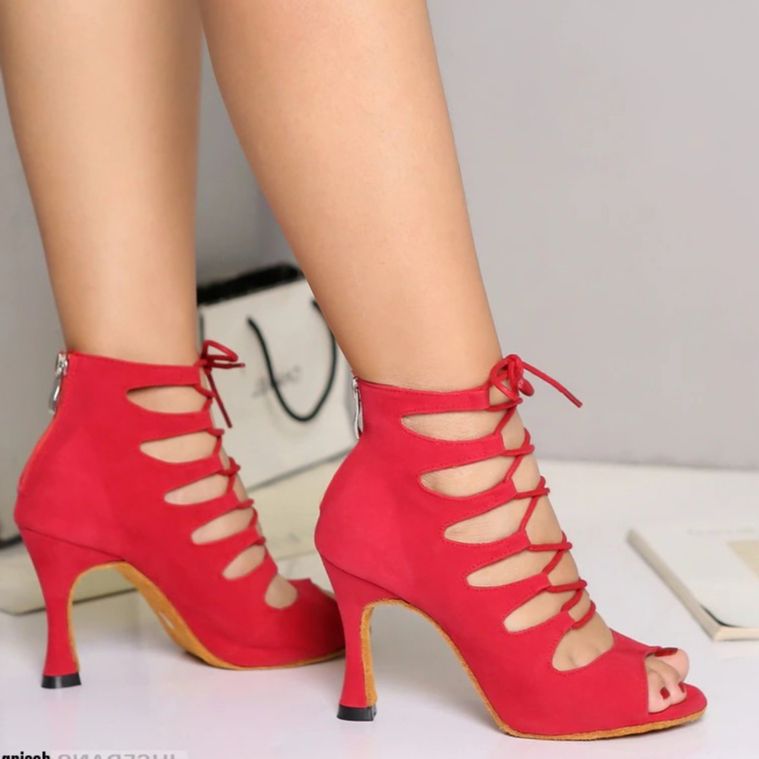 Giày boots khiêu vũ latin cột dây rất cao cấp-màu đỏ-đế da mềm