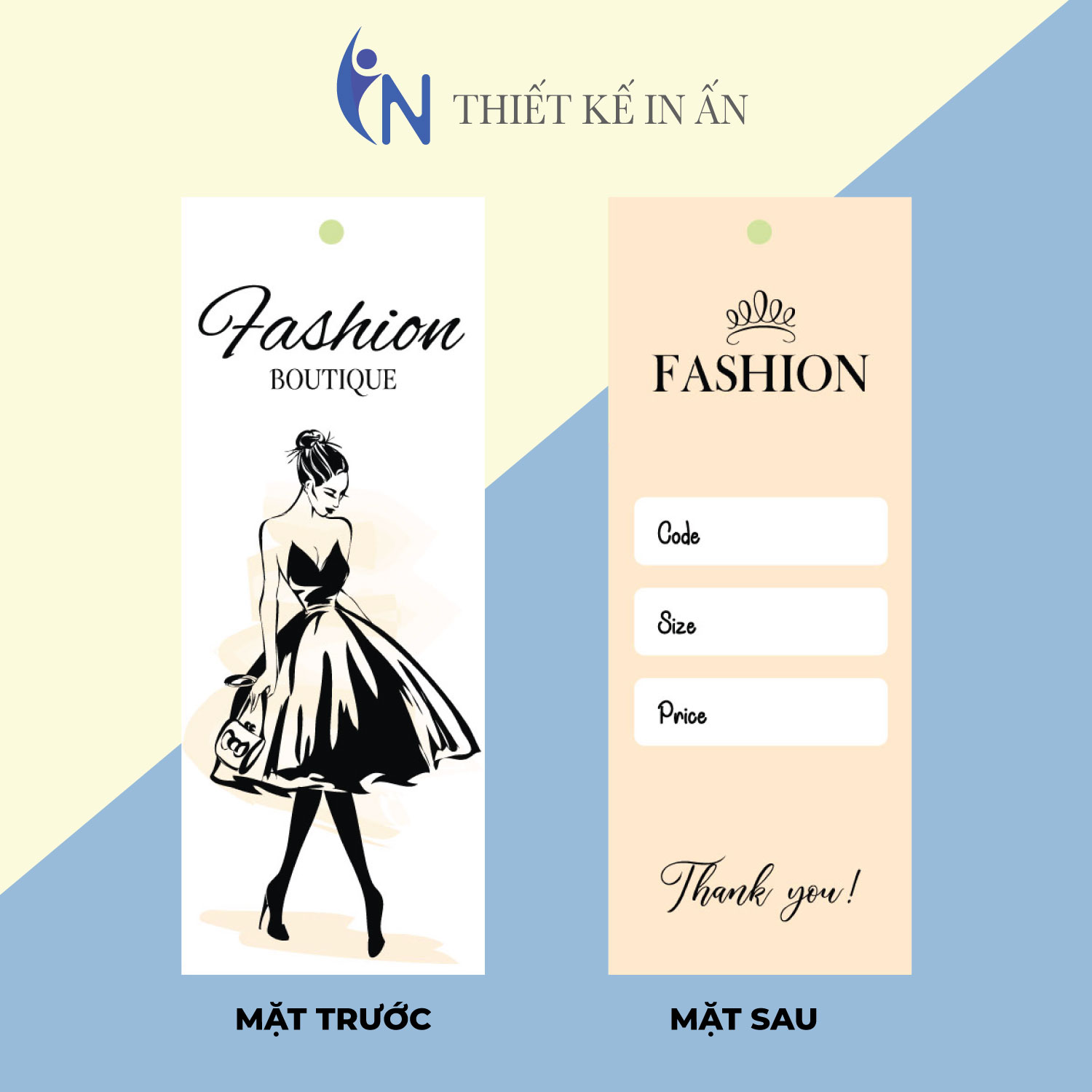 [HCM]Mác quần áo Tag nhãn quần áo  IN GIÁ RẺ cho shop bán hàng quần áo thời trang bìa cứng cán màng chất lượng cao - Gói 100 bộ - size 3.6x9cm