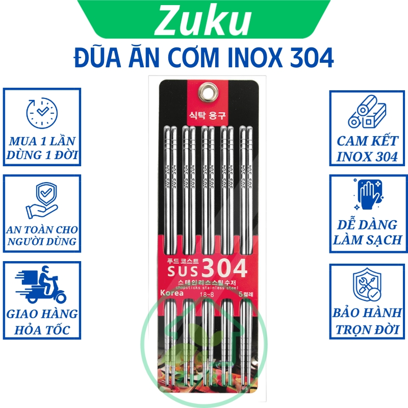 Đũa inox vuông chống trượt, đũa ăn cơm cao cấp, set 5 đôi