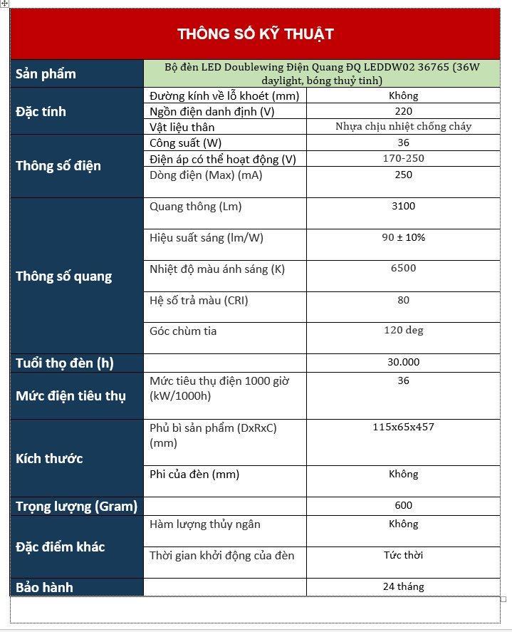 Bộ Đèn LED DoubleWing 2x18W Điện Quang - Bóng Thủy Tinh