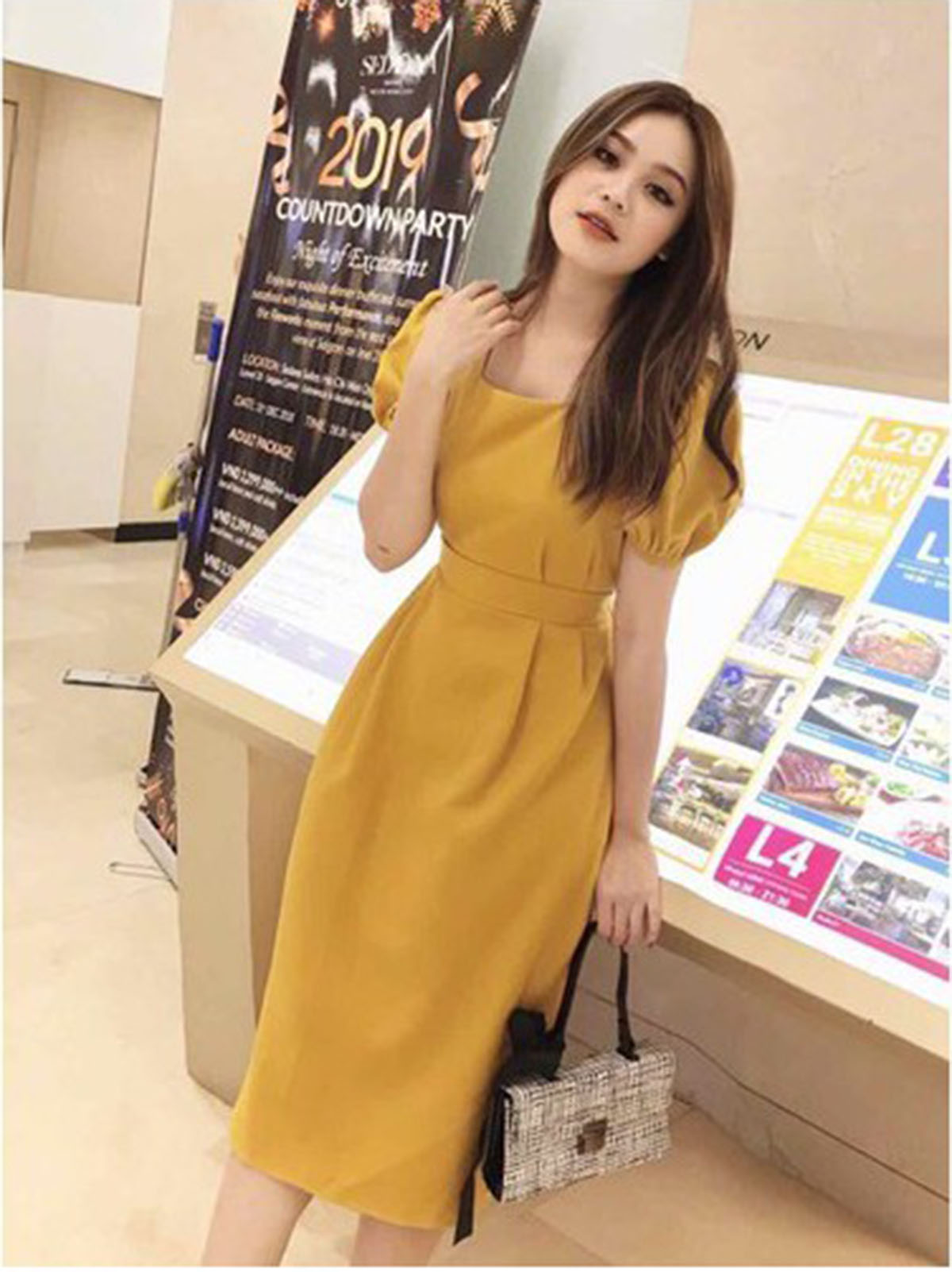 [HCM]Đầm cổ vuông tay phồng thắt nơ eo