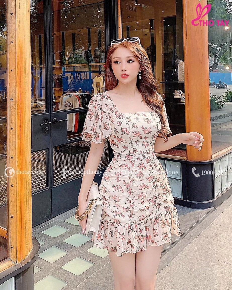 Đầm váy nữ hoa nhí dáng chữ A xòe đuôi cá VH063, mẫu váy cổ chữ V thắt eo  hàng 1 lớp mát mẻ thích hợp mùa hè | Shopee Việt Nam