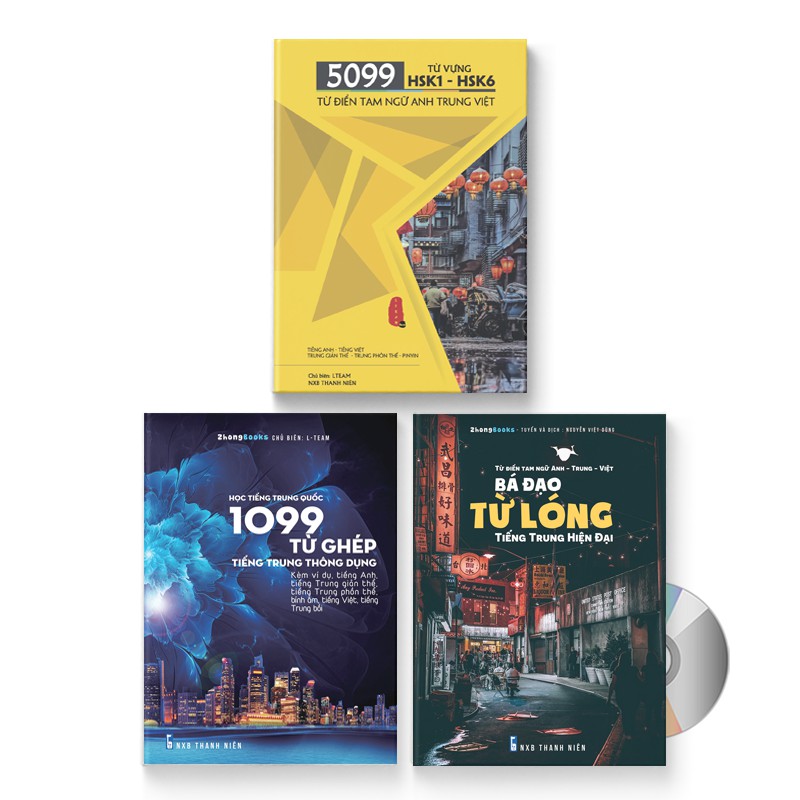 Sách - combo 3: 1099 từ ghép tiếng trung thông dụng +5099 từ vựng hsk1 – hsk6 +bá đạo từ lóng tiếng trung hiện đại + dvd