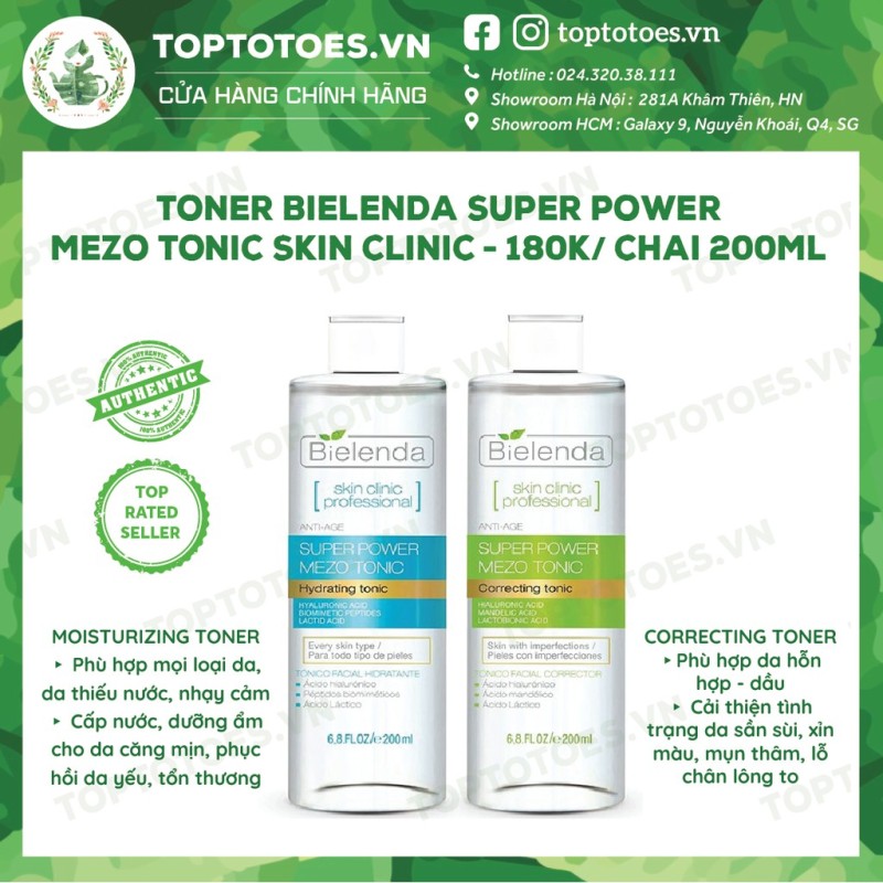 Toner Bielenda Super Power Mezo Tonic Skin Clinic Correcting làm căng bóng, mờ thâm/ Moisturizing cấp nước, dưỡng ẩm
