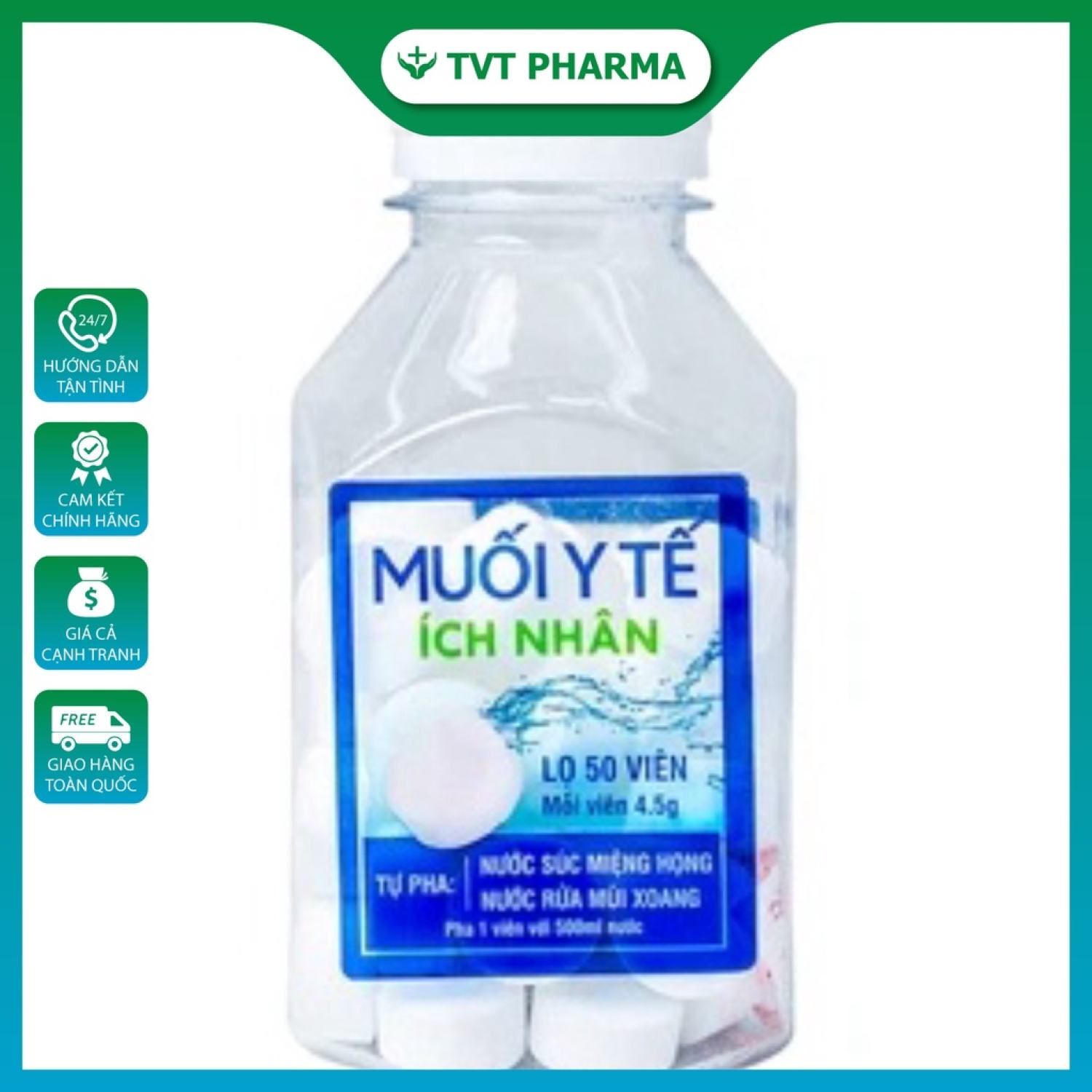 Muối y tế ích nhân lọ 50 viên 4,5g, hỗ trợ sát trùng mũi, súc miệng