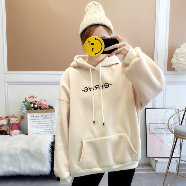 [Hoàn Tiền 15%] Áo hoodie nữ màu be in kí tự