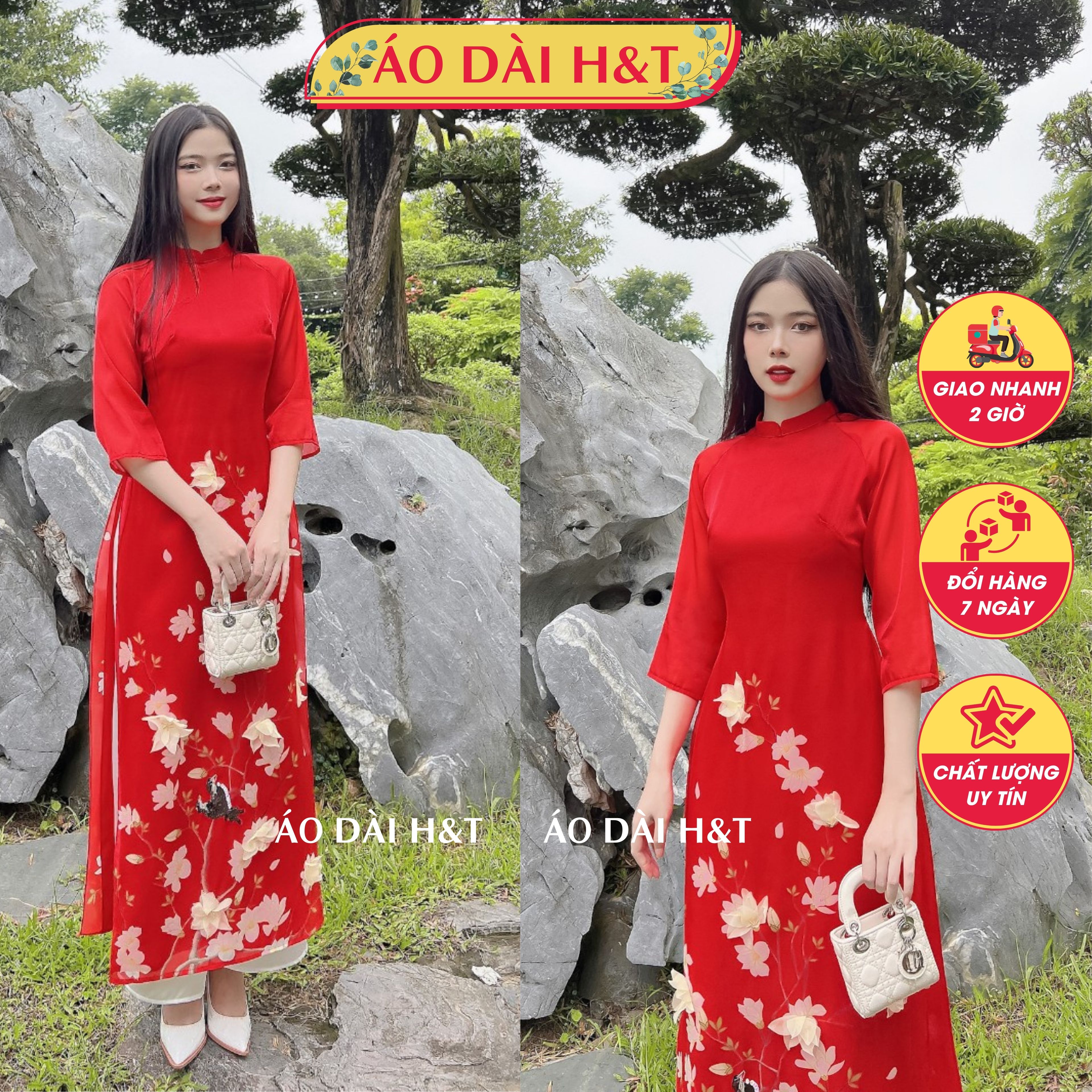 Áo dài cách tân nữ đính hoa vàng chất vải tơ chuẩn dáng