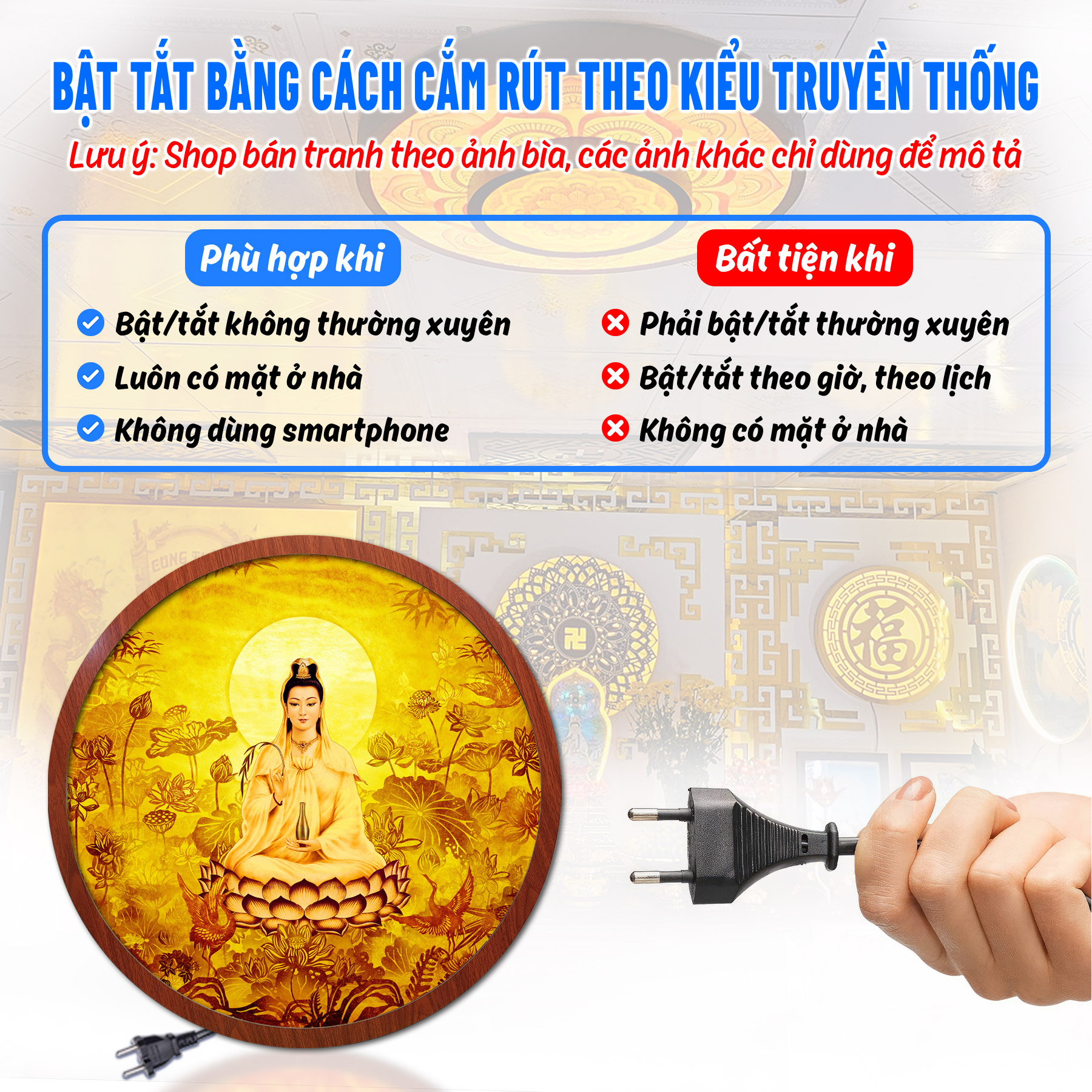 Đèn bàn thờ hoa sen quan âm bồ tát in tranh trúc chỉ chân thiện mỹ, trang trí bàn thờ phật, treo phòng thờ tc-hq-163