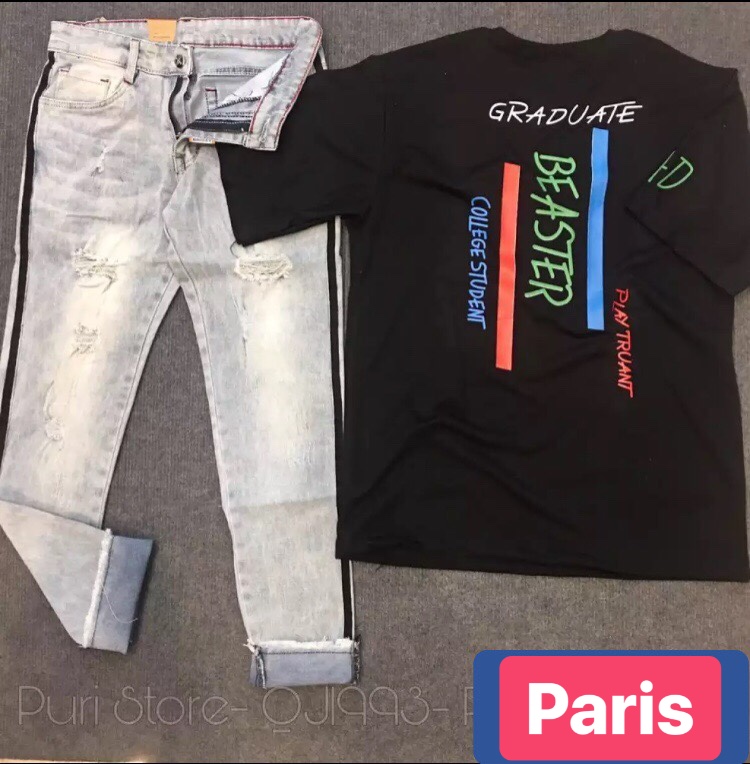 QUẦN BAGGY JEAN NAM CHẤT BÒ XANH TRẮNG 2 SỌC HOT TREND NHẬT BẢN DB-1993 - PARIS FASHION