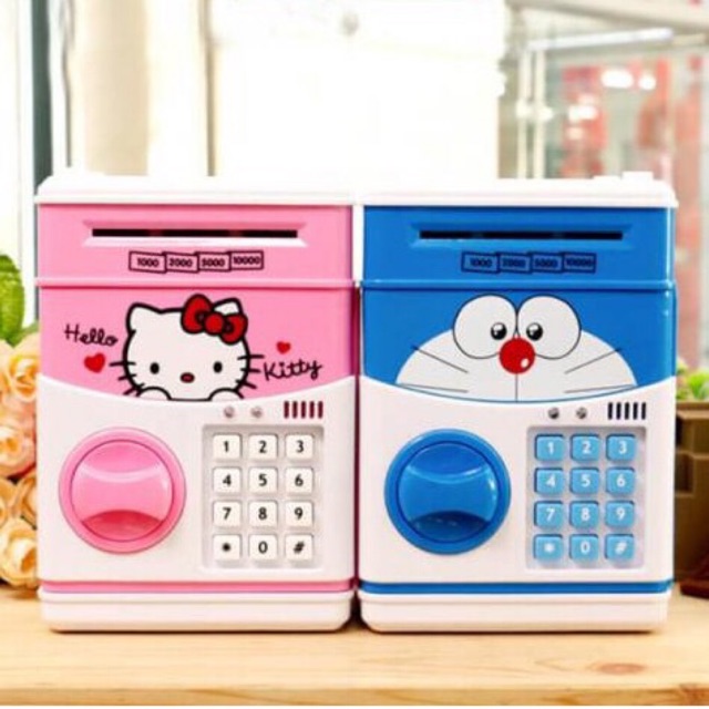 Đồ chơi két sắt đựng tiền mini cho bé trai và bé gái hình nhân vật hoạt hình, tự động hút tiền đáng yêu cho bé, có mật mã khóa an toàn