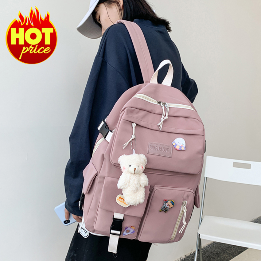 Balo nữ ulzzang đi học, Balo nữ Hàn Quốc chống nước tặng kèm sticker và móc gấu- Lady bag