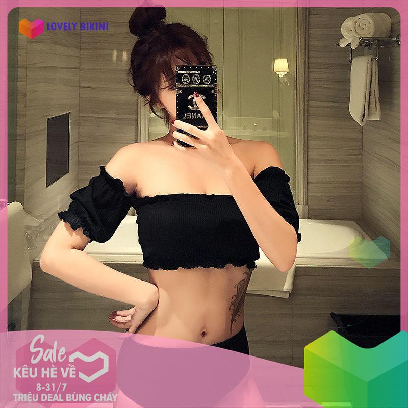 Bikini trễ vai nhún bèo đen