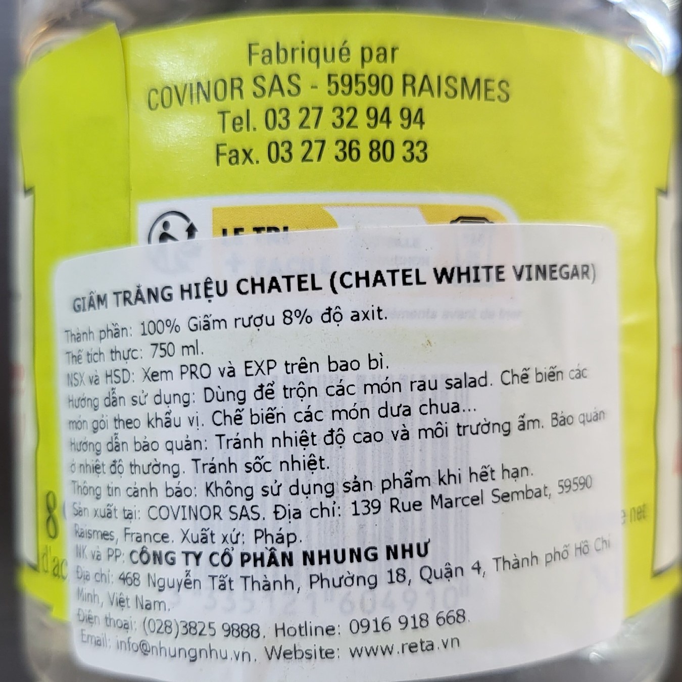 CHATEL - chai TRẮNG 750ml - GIẤM TRẮNG / PHÁP / White Vinegar