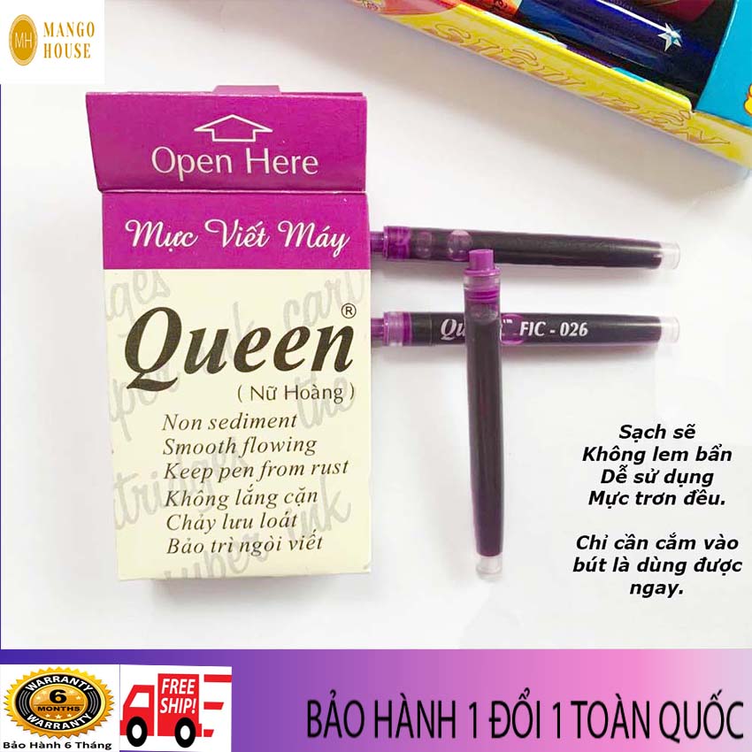 Mực viết máy dạng ống mực Queen- 1 hộp 12 ống Không lem bẩn, thuận tiện, dễ sử dụng, viết trơn, sạch sẽ, phù hợp với trẻ nhỏ- Mango house shop- Mực viết máy, mực bút máy hero, mực viết máy Queen, mực luyện viết chữ đẹp