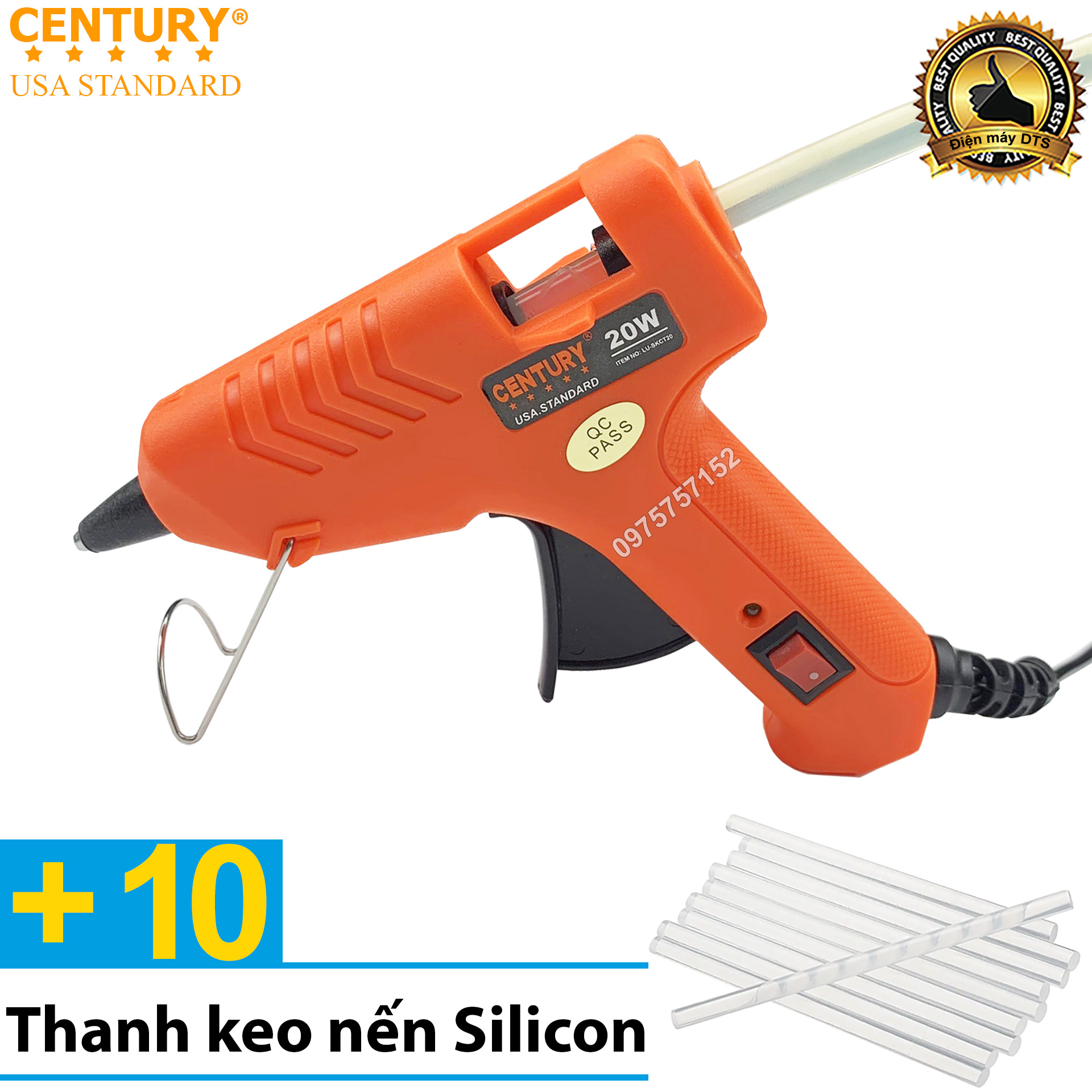 Combo súng bắn keo nến silicon CENTURY USA STANDARD 20W chuẩn Mỹ công nghệ tiên tiến, nóng nhanh, keo ra đều, liên tục, công tắc Tắt/Mở thuận tiện + 10 cây keo silicon (Máy bắn keo silicon)