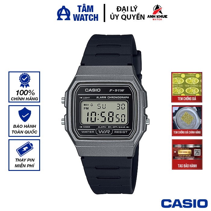 Đồng hồ nam dây nhựa casio standard chính hãng anh khuê f-91wm-1bdf