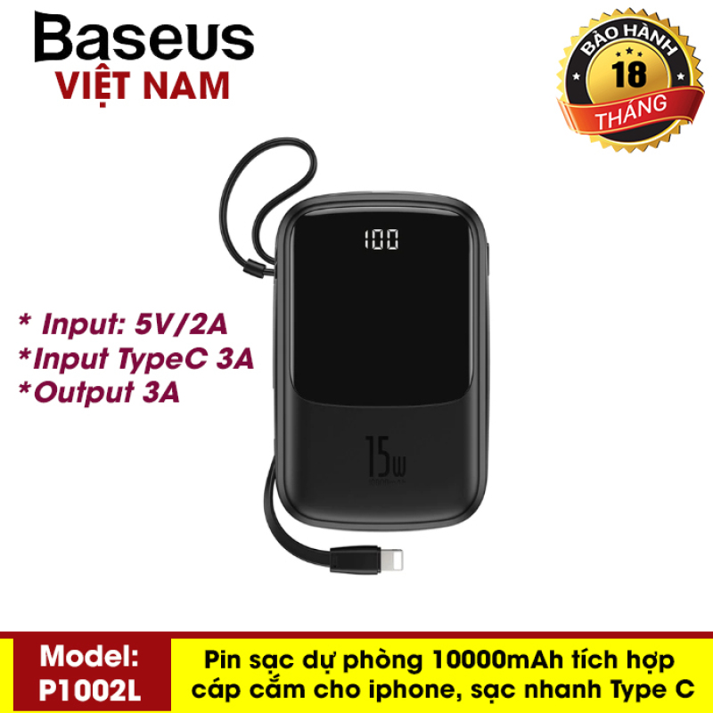 Pin sạc dự phòng BS-P1001L 10000mAh Power Bank 3A công suất 15W  tích hợp cáp sạc Lightning cho Iphone đi kèm hỗ trợ sạc nhanh cổng USB kép - Phân phối bởi Baseus Vietnam