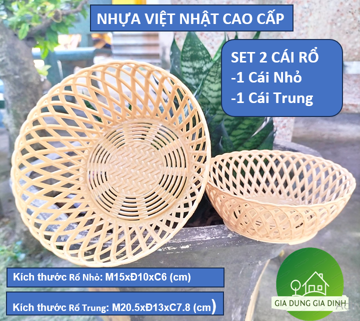 Combo 2 Rổ tròn nhựa việt nhật 2 Size Nhỏ Và Trung giả đan mây, đa năng, rổ đựng rau sống tiện lợi
