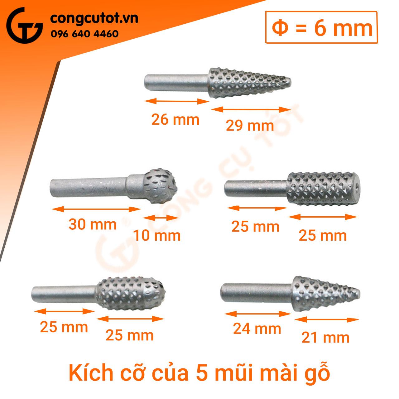 Bộ 5 mũi mài gỗ 10-29mm