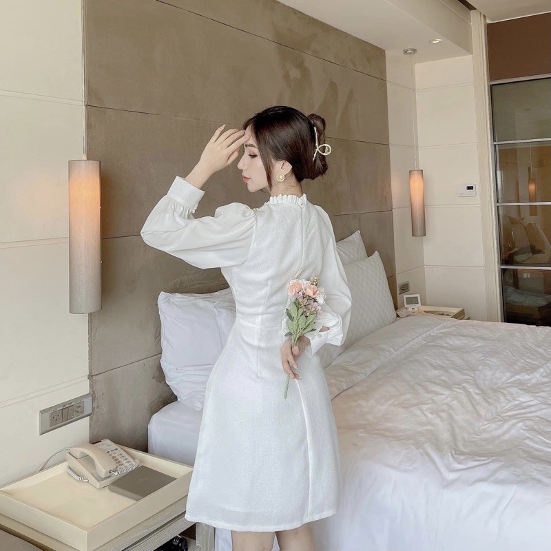 ĐẦM TRẮNG CỔ TRÒN, TAY DÀI (có ảnh thật) MS119