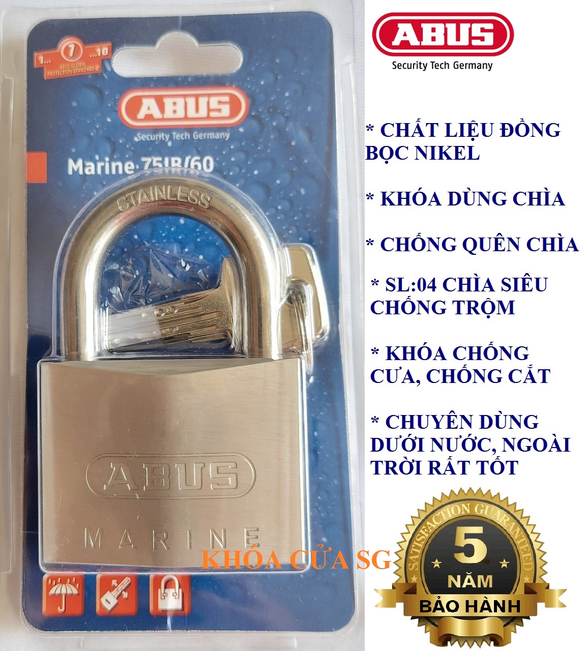 Khóa dùng ngoài trời chống gỉ sét abus marine 75ib/60 - bh 5 năm