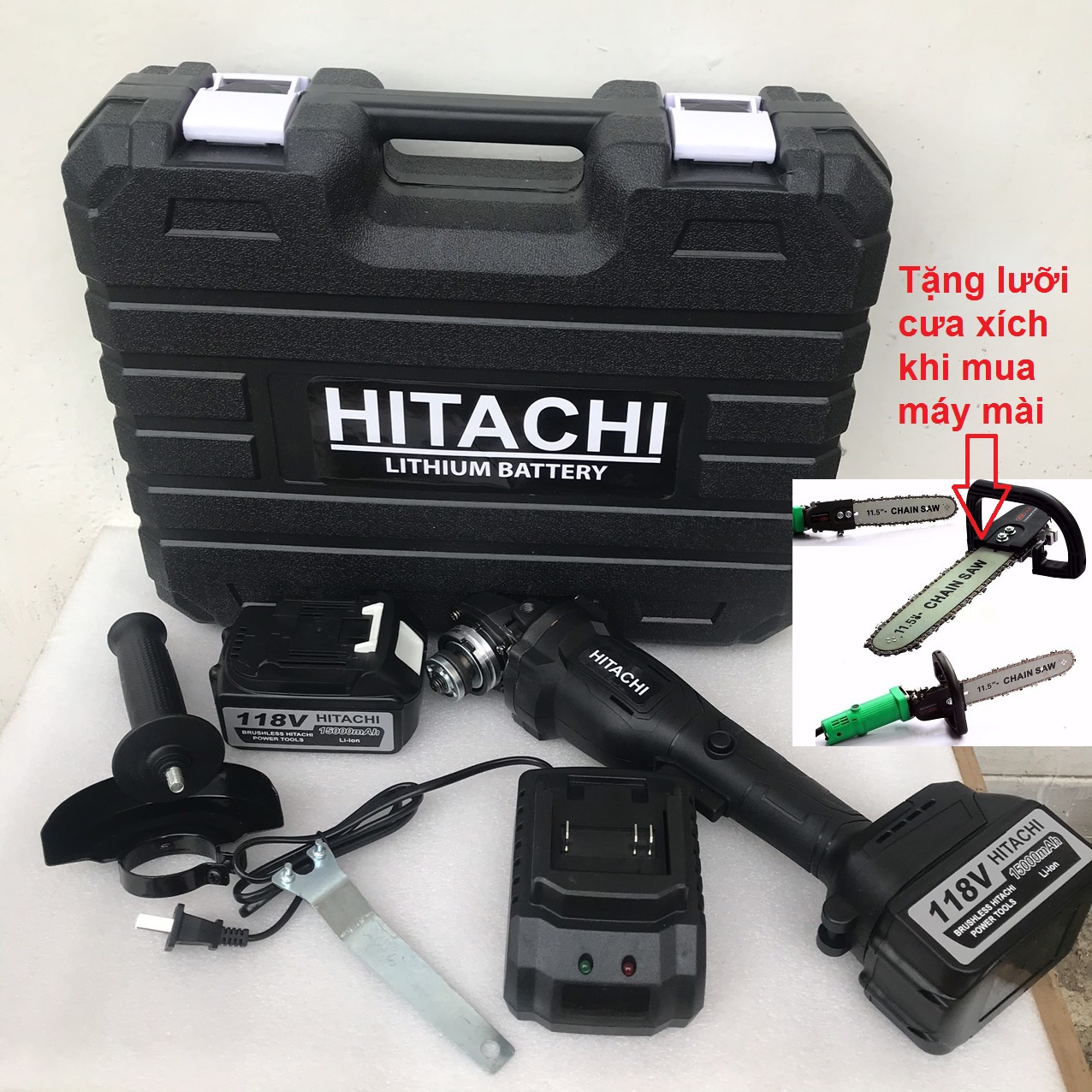 Máy mài pin HITACH 118Vf không chổi than - tặng lưỡi cưa xích - máy cắt cầm tay - pin 10 cell - lõi đồng