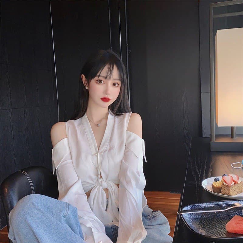 Áo Sơ Mi Khoét Hở Vai Thắt Dây Eo