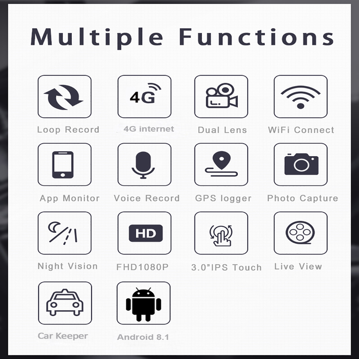 Camera hành trình ô tô Wifi, 4G  Phisung K11 Plus, Android: 8.1, màn hình LCD IPS 3 inch