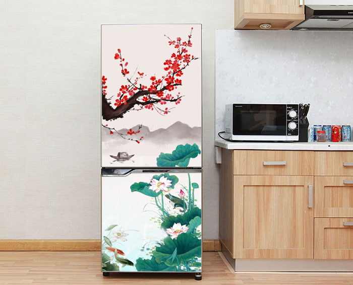 [HCM]Decal dán tủ lạnh - Mẫu Hoa Sen Cành Đào- Chất liệu cao cấp