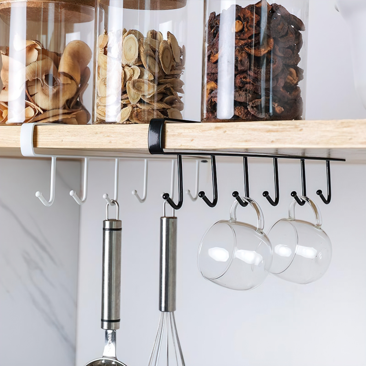Kitchen Hanger with 6 Hooks Attached to Kitchen Cabinets and Shelves