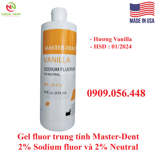 [HCM]Gel ngậm fluor trung tính Master Dent 2% Sodium flour và 2% Neutral hương Vanilla ngừa sâu răng giảm ê buốt, gel flour dung tích 475ml