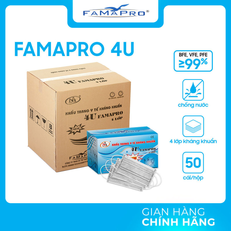 THÙNG 50 HỘP khẩu trang y tế 4 lớp kháng khuẩn Famapro 4U (50 cái / Hộp)