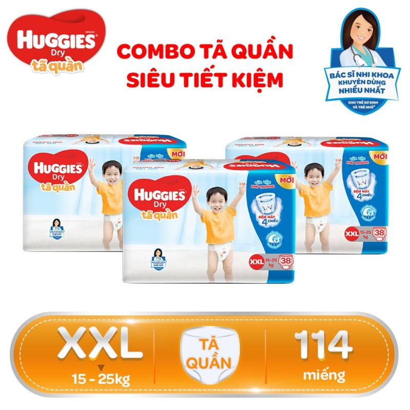 COMBO SIÊU TIẾT KIỆM Bộ 3 Gói Tã/Bỉm quần HUGGIES Dry Big Jumbo XXL38 (Trên 14kg) - Gói 38 miếng