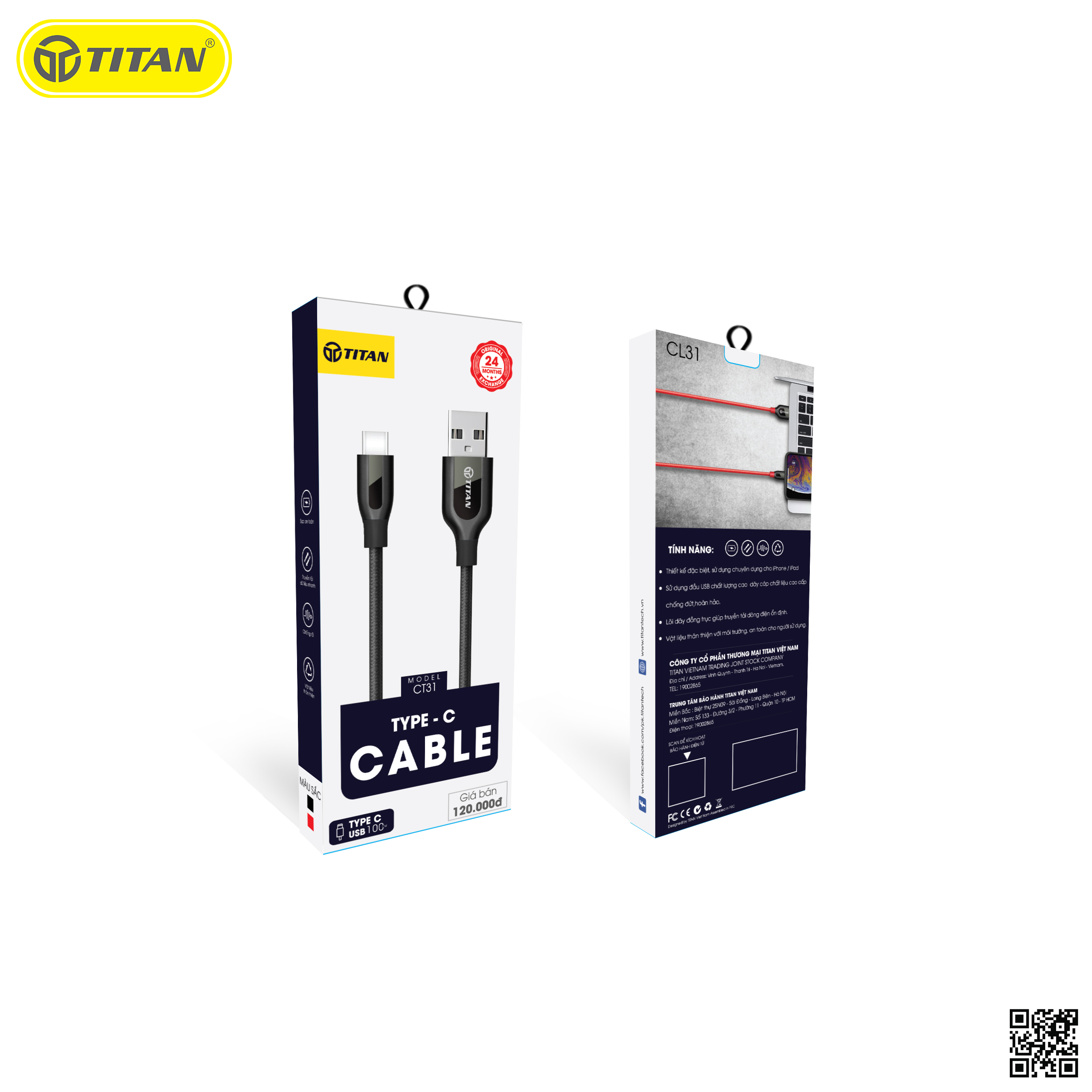 Cáp sạc TITAN CT31 dây dù 1m chân Type C sạc nhanh cho android (BẢO HÀNH 12 THÁNG)