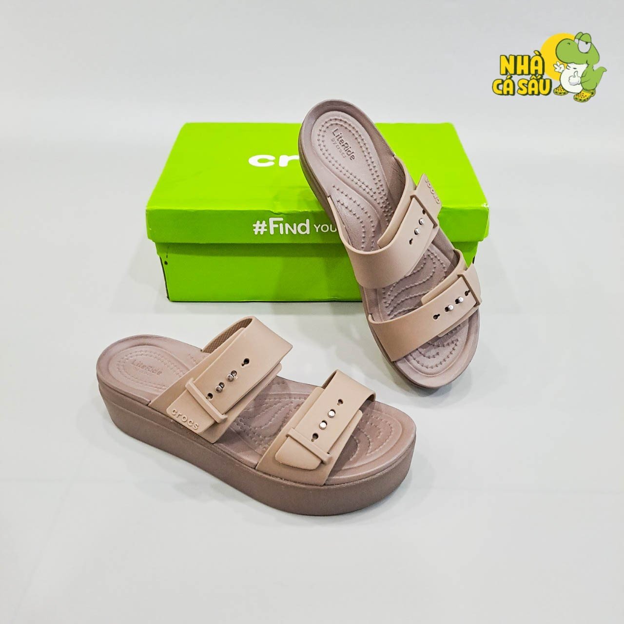 (Real photo) sandals Crocs Đế high 5 stool Brooklyn mid wedge version 2 multi-color, sandals horizontal straps buttoned Brooklyn-CR