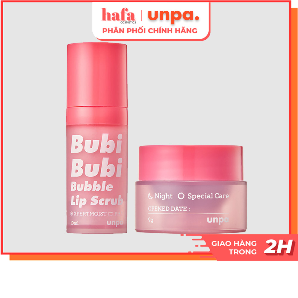 Combo Tẩy Da Chết Môi Sủi Bọt & Mặt Nạ Ngủ Môi Unpa Bubi Bubi (Bubble Lip Scrub + Lip Mask) _ Unpa Chính Hãng