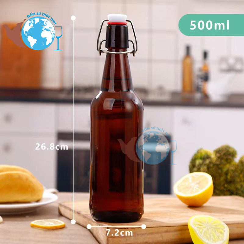 Chai thủy tinh 500ml nắp gài sắt màu nâu cực sang, Bình thủy tinh 500ml nắp gài gọng sắt
