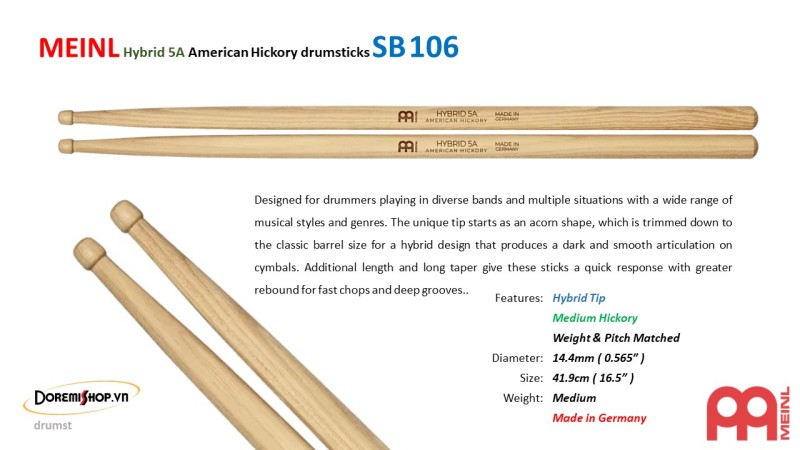 MEINL Hybrid 5A American Hickory drumsticks SB106